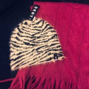 DKNY Tiger Beanie Cap & Faux Angora Scarf BUNDLE!